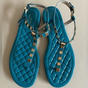 Cole Haan Tali Mini Studded t strap Sandal Women's Sz 8.5 teal patent leather